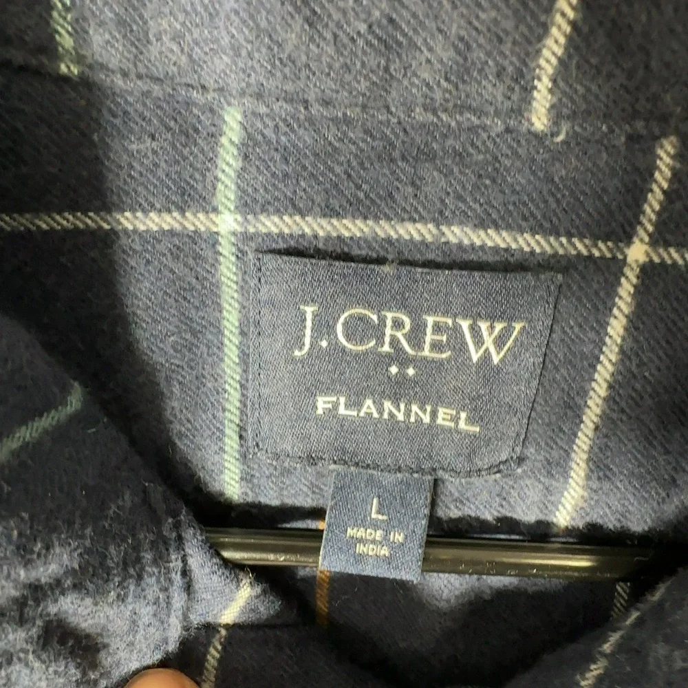 J Crew Flannel Shirt‎ Mens L Navy Blue Plaid Check Long Sleeve Cotton Button Up